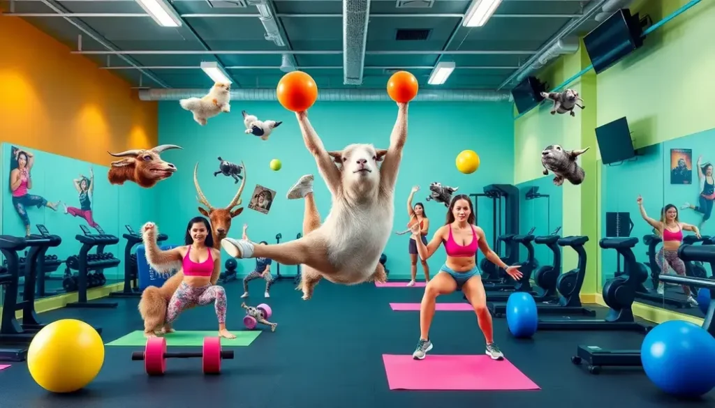 A collage of bizarre fitness trends like goat yoga and Shake Weights in an energetic, colorful gym scene.