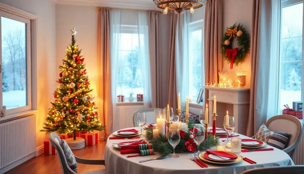 A warmly lit room with festively decorated Christmas tree and themed table settings.