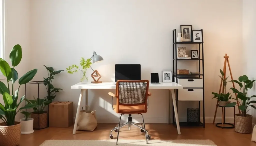 A peaceful and organized home office setup with personal touches and minimal clutter.