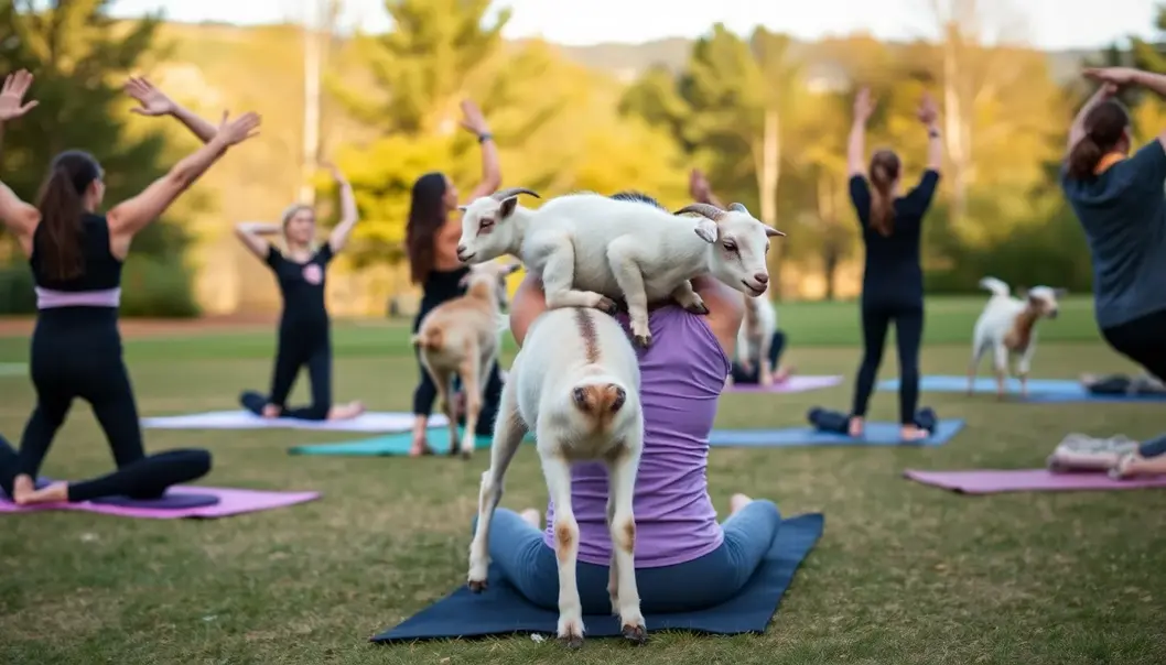 Participants of a goat yoga class being joyfully interrupted by their adorable four-legged friends.