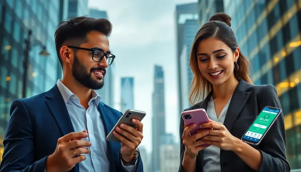 Man and woman using financial apps on smartphones in a city setting.