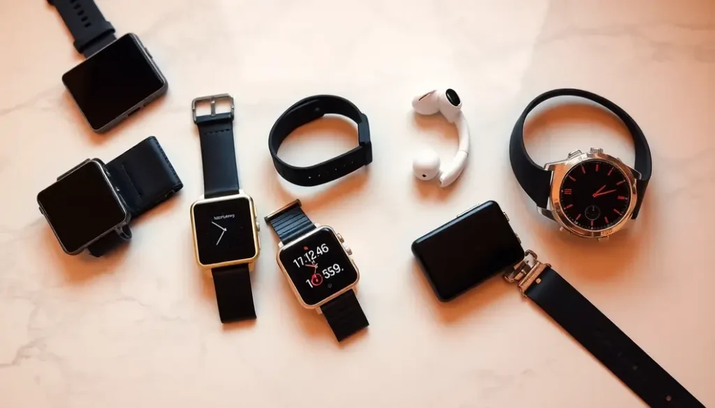An arrangement of stylish tech gadgets on a marble surface.